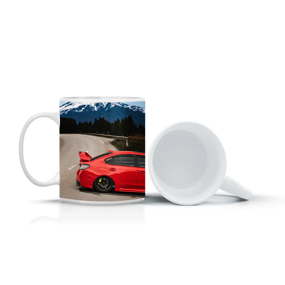 Red Subaru WRX STI Snowy Mountain Road – Mugs
