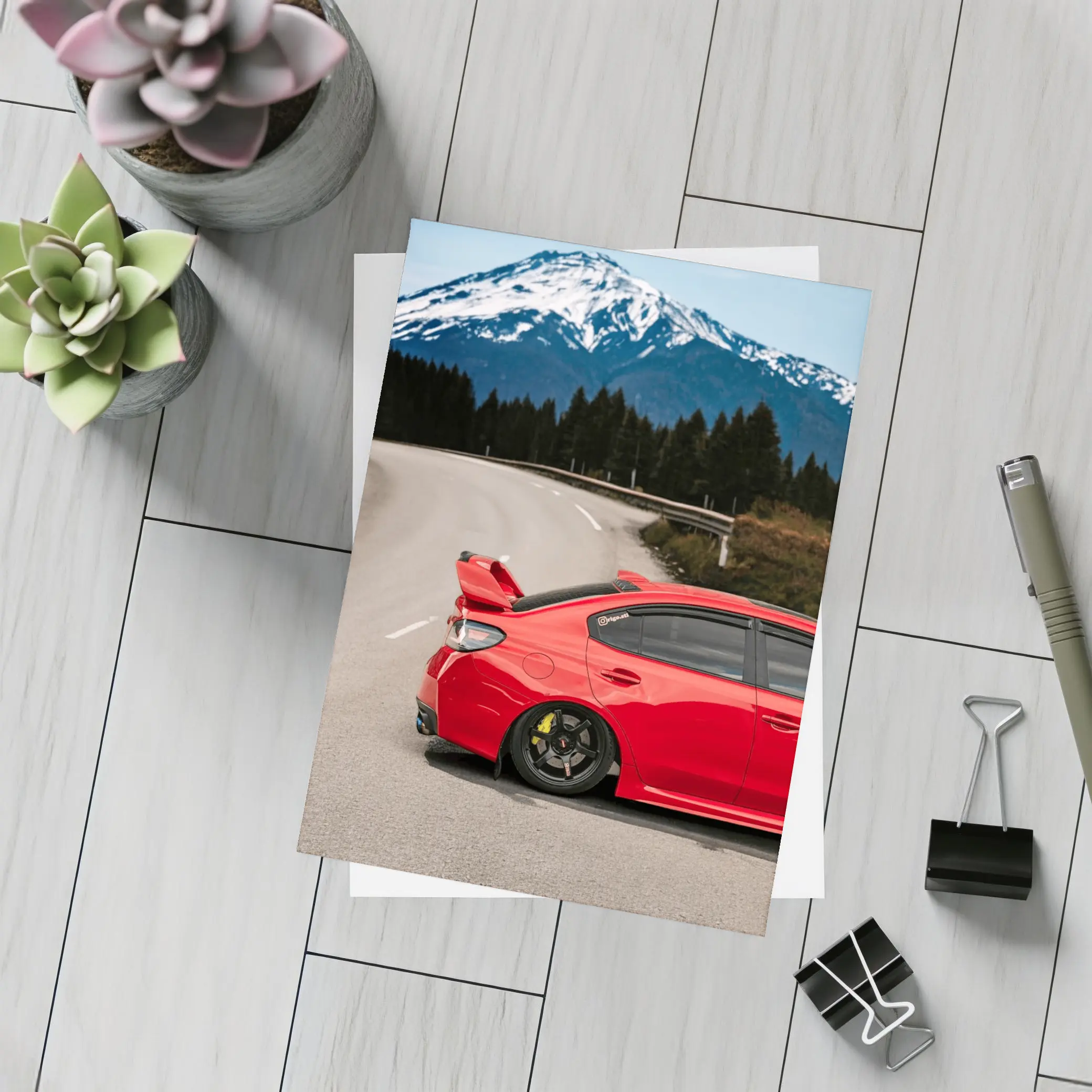 Red Subaru WRX STI Snowy Mountain Road – Postcards