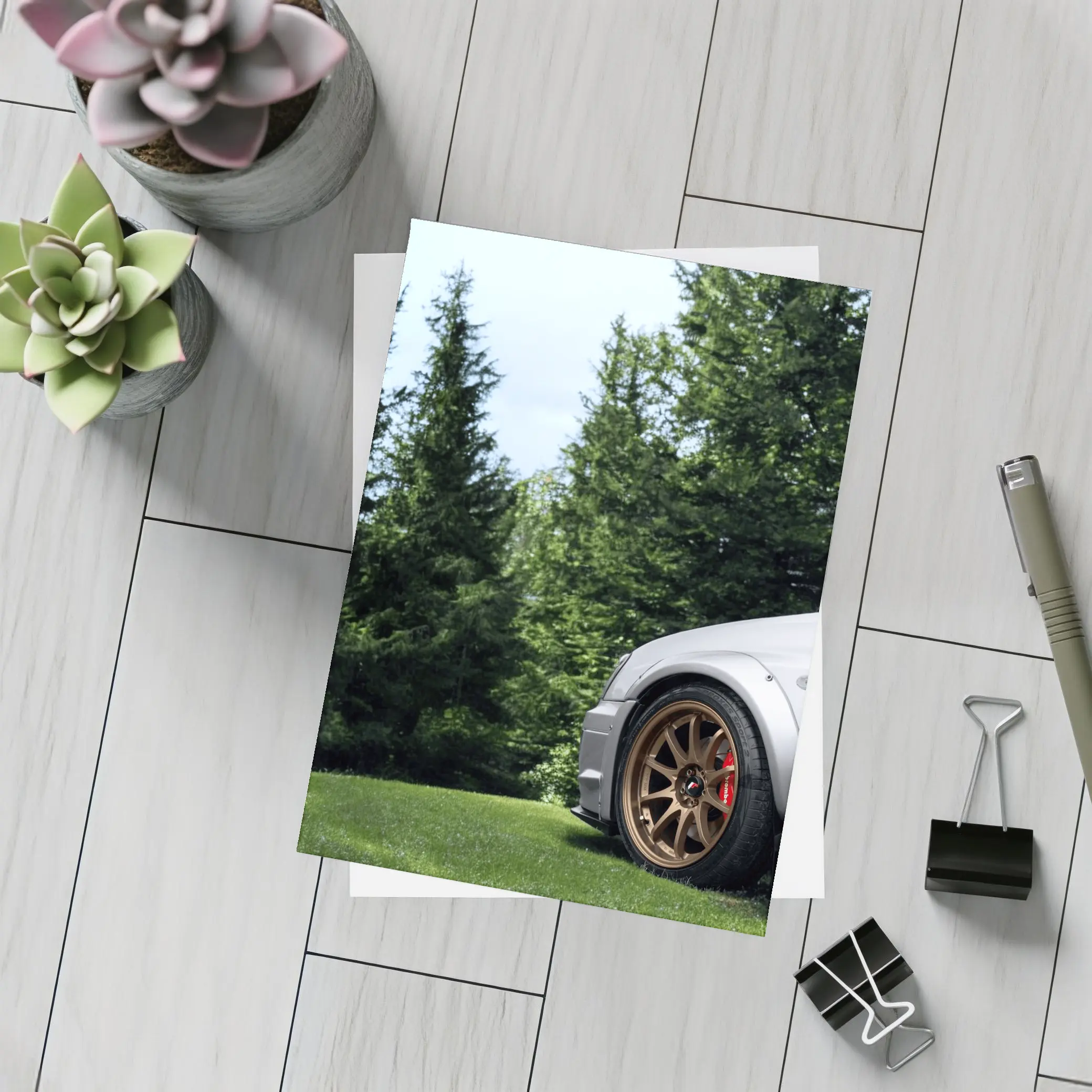 Subaru WRX Silver Bronze Wheels Green Trees – Postcards