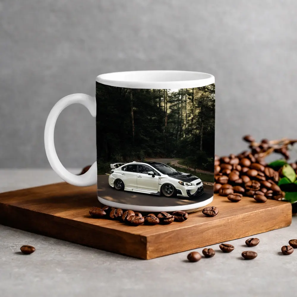 Subaru WRX White on Forest Road – Mugs