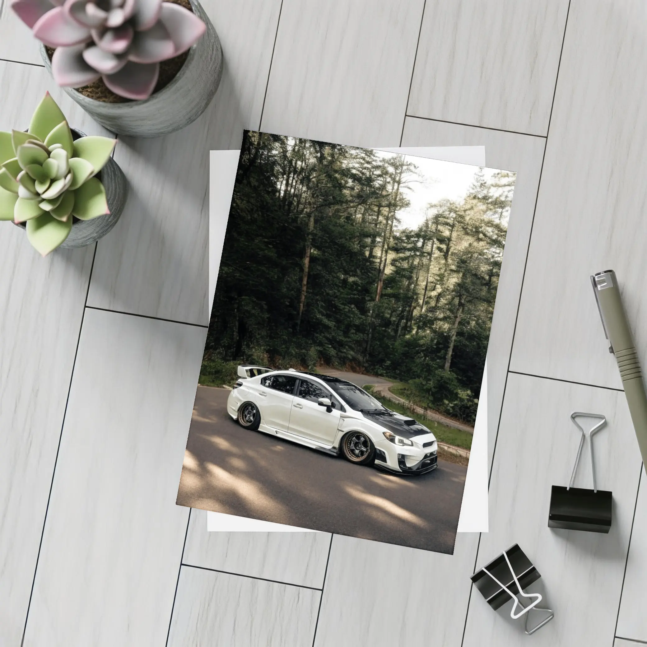 Subaru WRX White on Forest Road – Postcards