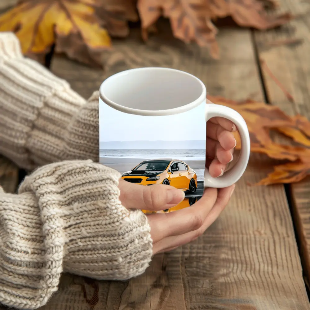 Subaru WRX Yellow Stance Wet Coastal Road – Mugs
