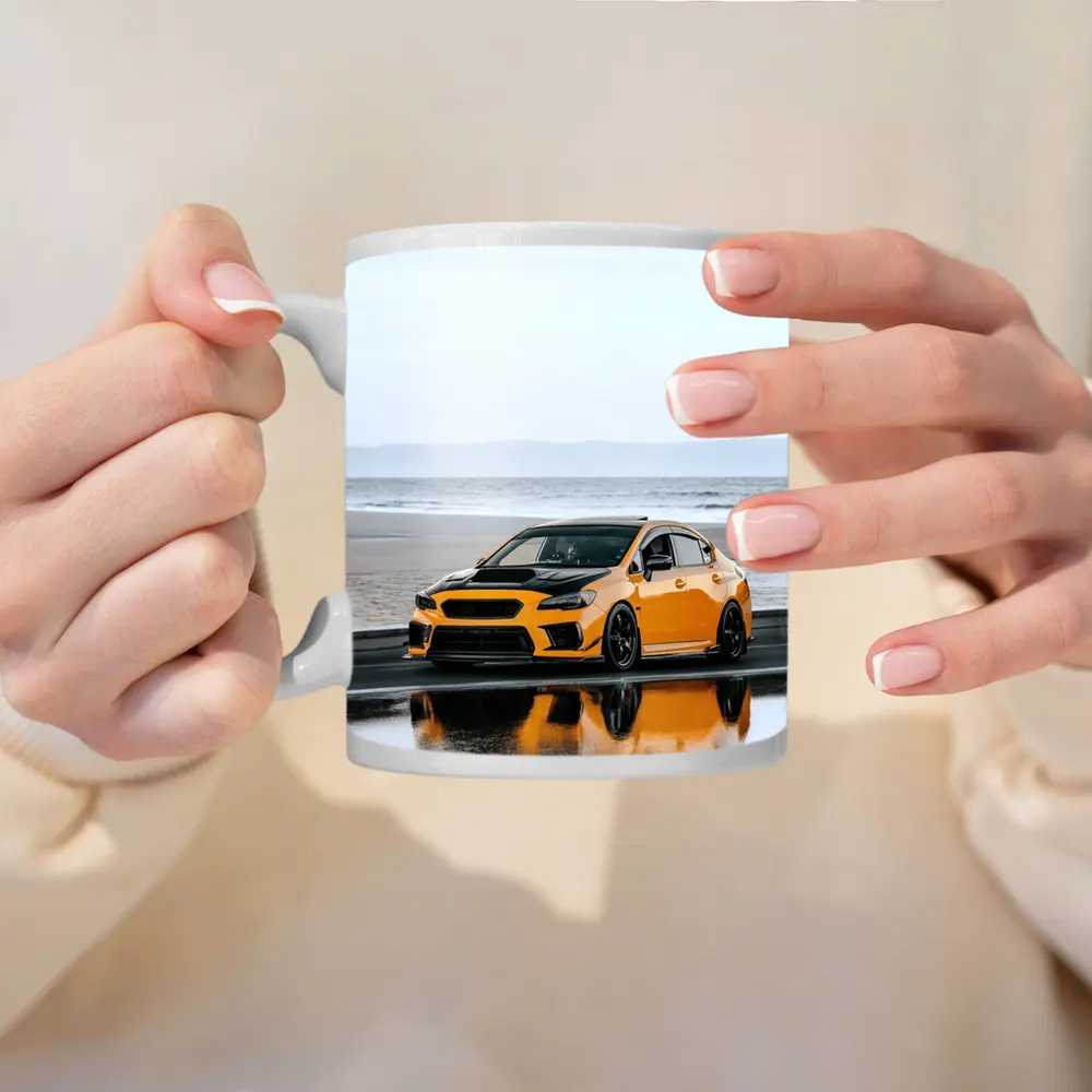 Subaru WRX Yellow Stance Wet Coastal Road – Mugs