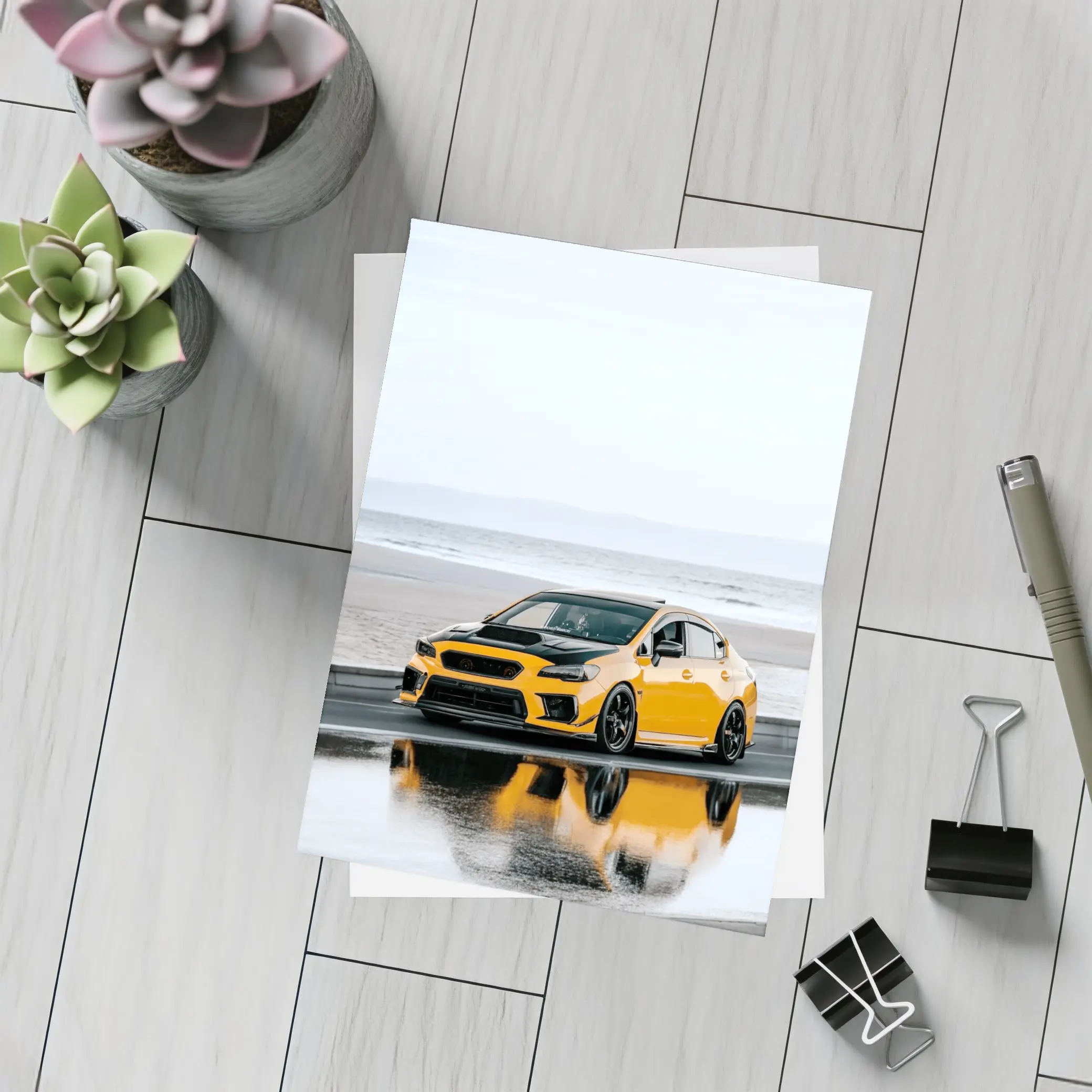 Subaru WRX Yellow Stance Wet Coastal Road – Postcards