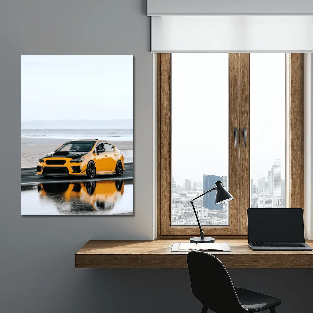 Subaru WRX Yellow Stance Wet Coastal Road – Wall Art