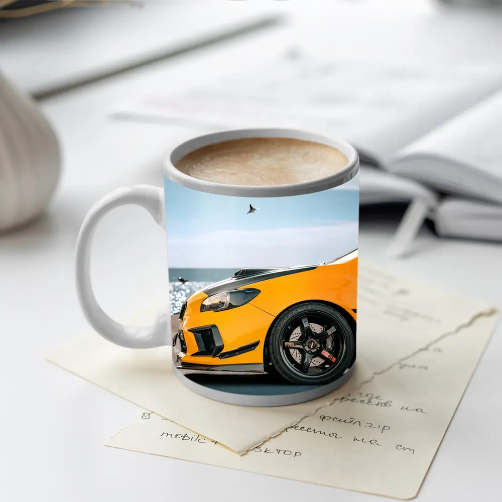 Yellow Subaru WRX STI Coastal Scene – Mugs