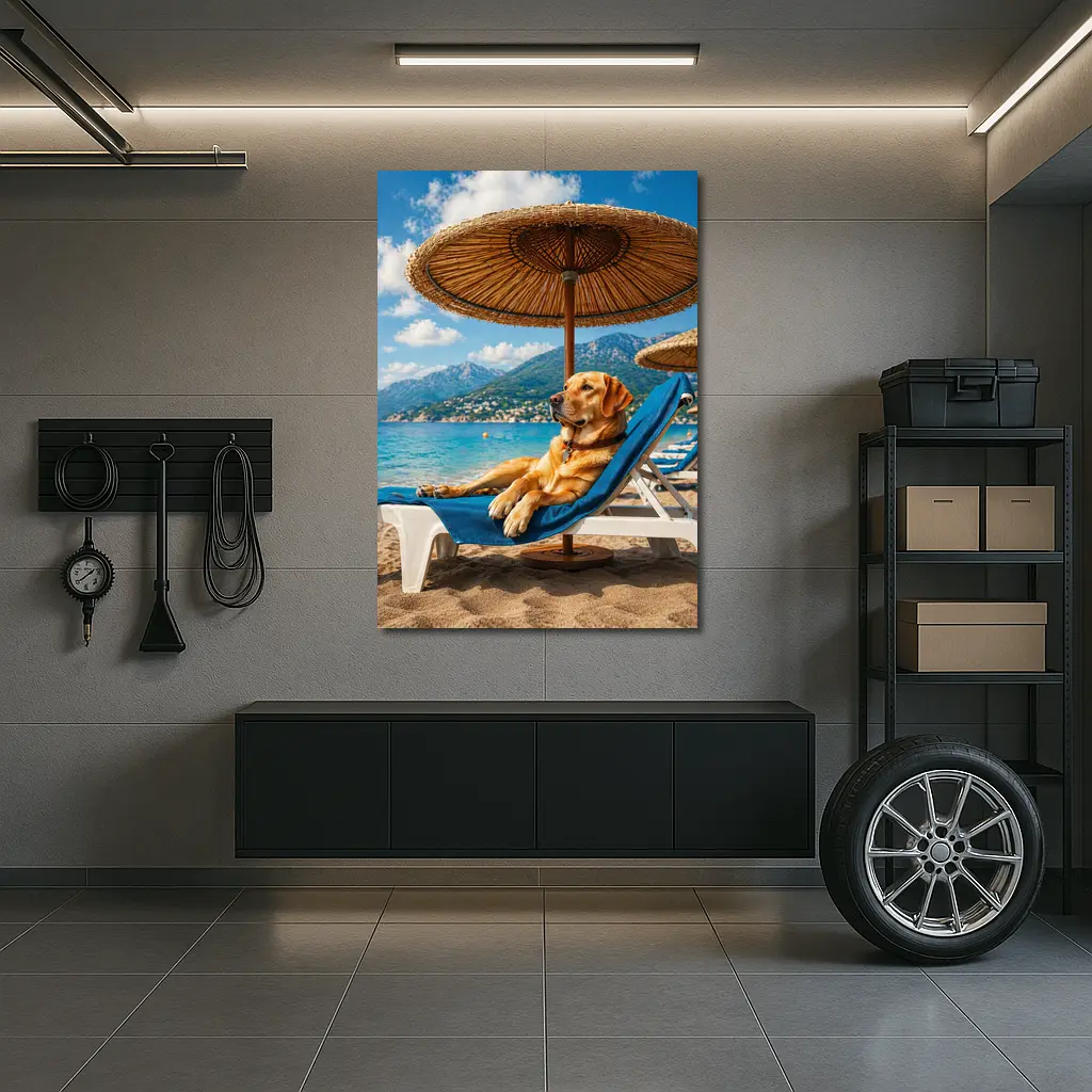 Labrador Retriever Relaxing on Beach Sunbed – Wall Art