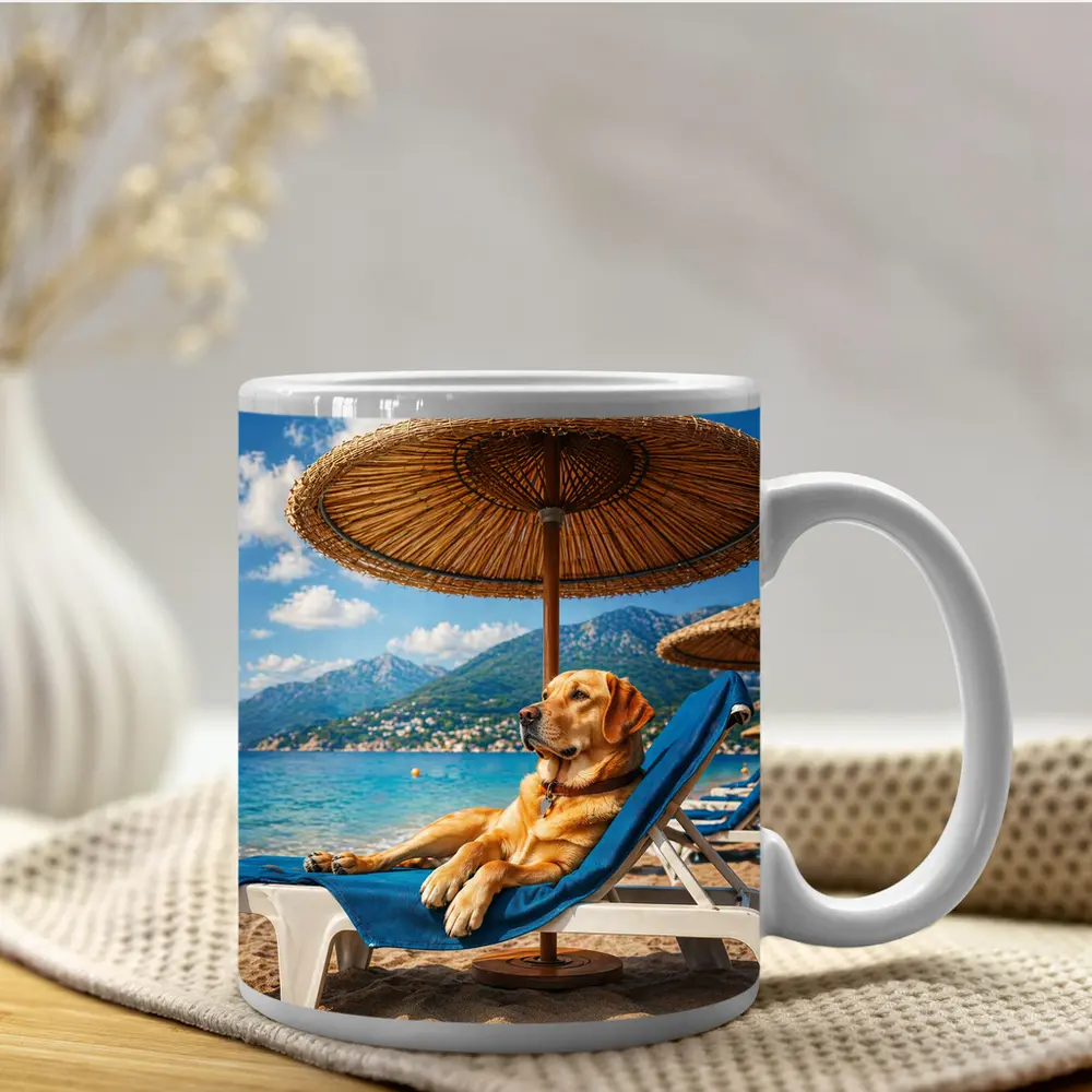 Labrador Retriever Relaxing on Beach Sunbed – Mugs