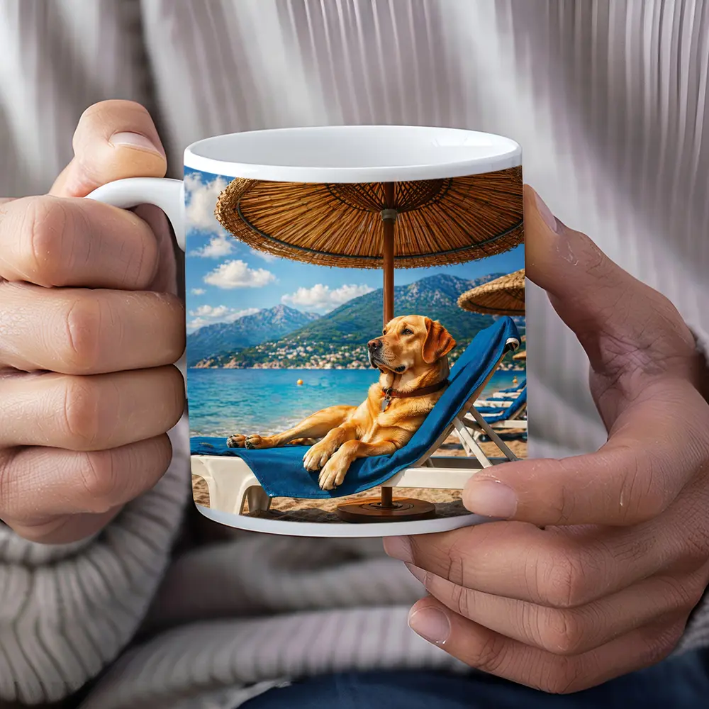 Labrador Retriever Relaxing on Beach Sunbed – Mugs