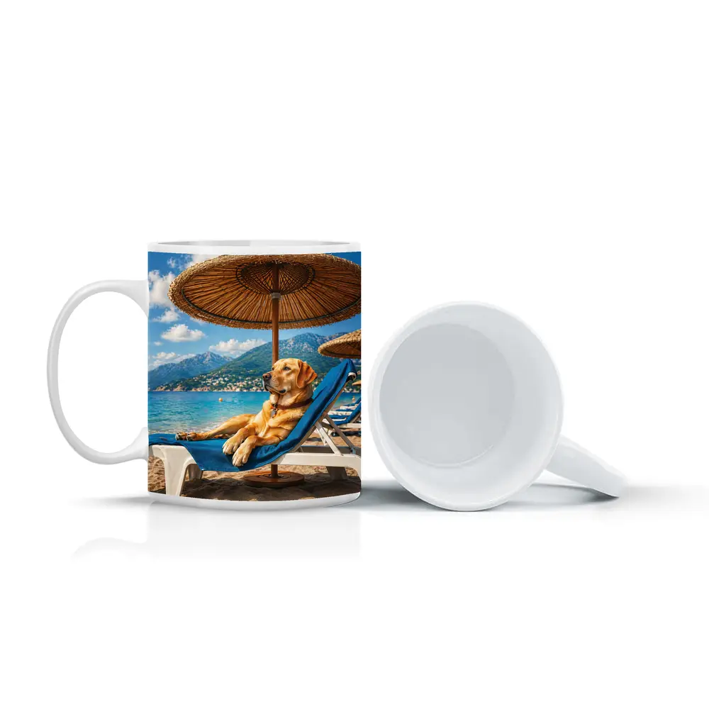 Labrador Retriever Relaxing on Beach Sunbed – Mugs