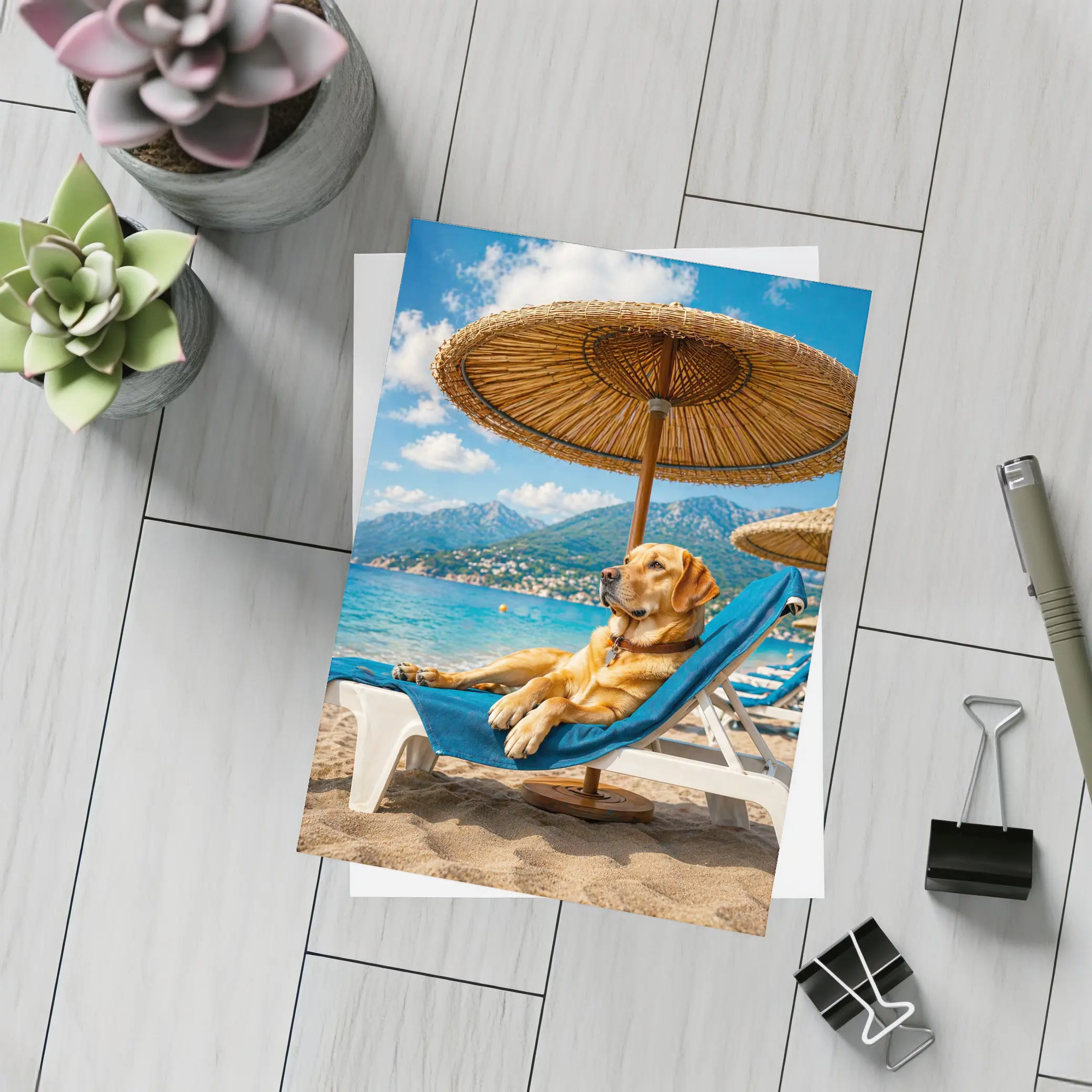 Labrador Retriever Relaxing on Beach Sunbed – Postcards