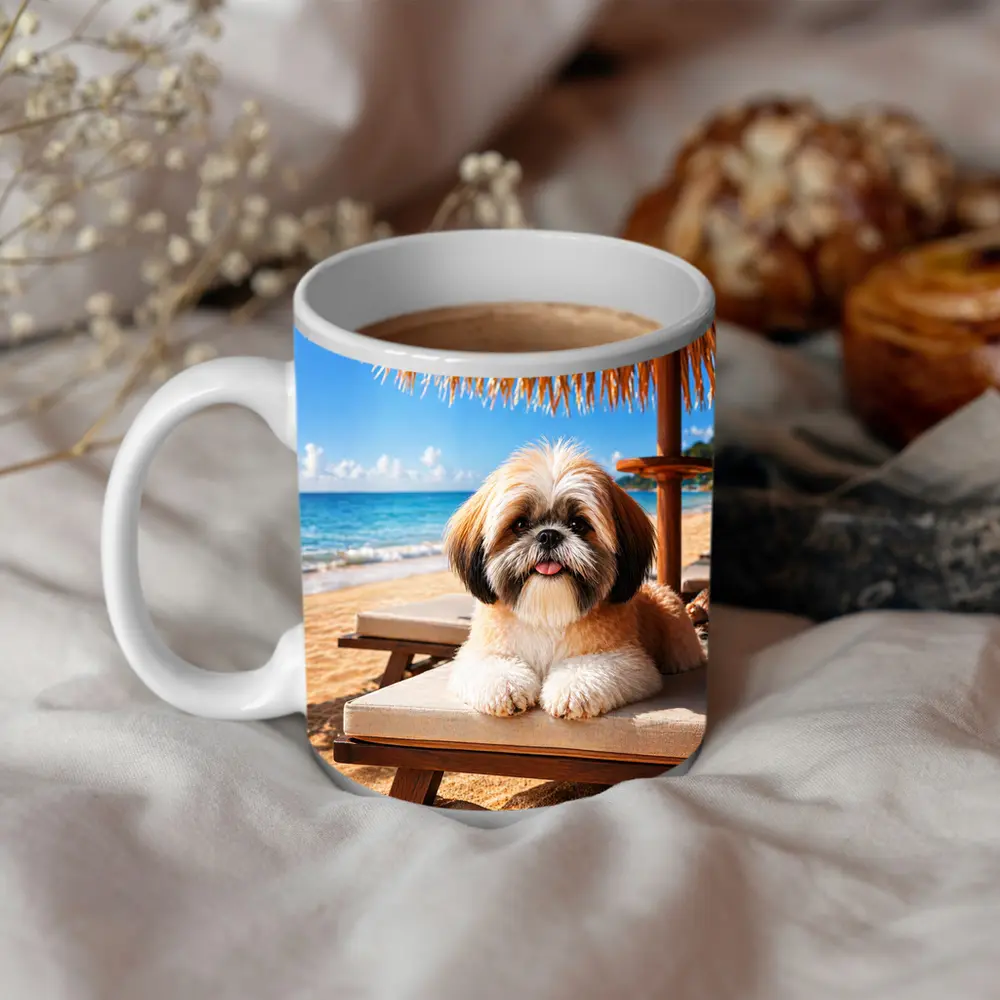 Shih Tzu Relaxing on Sunny Beach Chair – Mugs