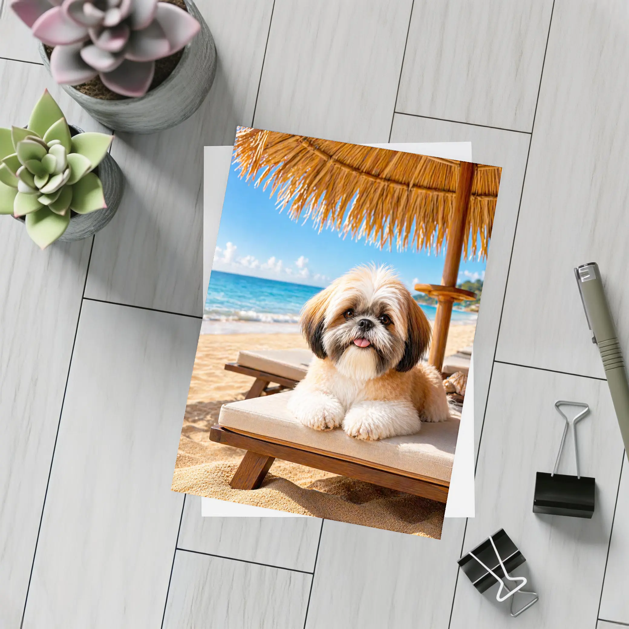 Shih Tzu Relaxing on Sunny Beach Chair – Postcards
