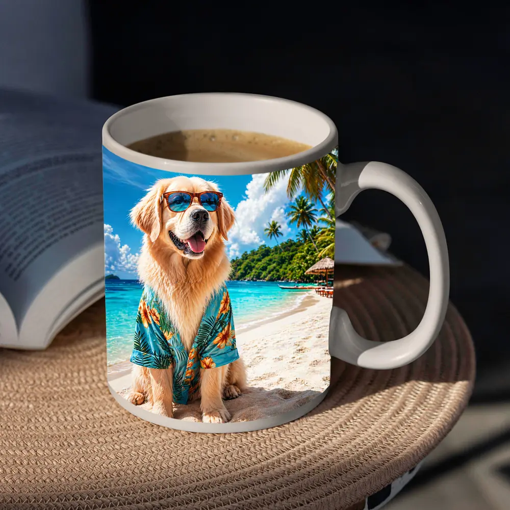 Golden Retriever Sunglasses Hawaiian Shirt Tropical Beach – Mugs