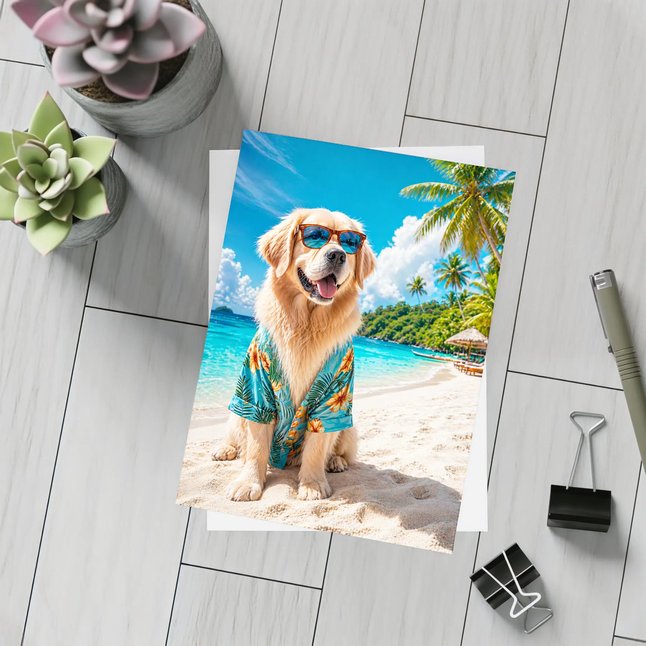 Golden Retriever Sunglasses Hawaiian Shirt Tropical Beach – Postcards