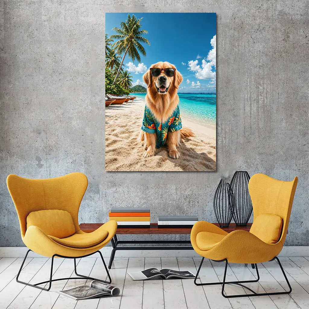 Golden Retriever Sunglasses Hawaiian Shirt Tropical Beach – Wall Art