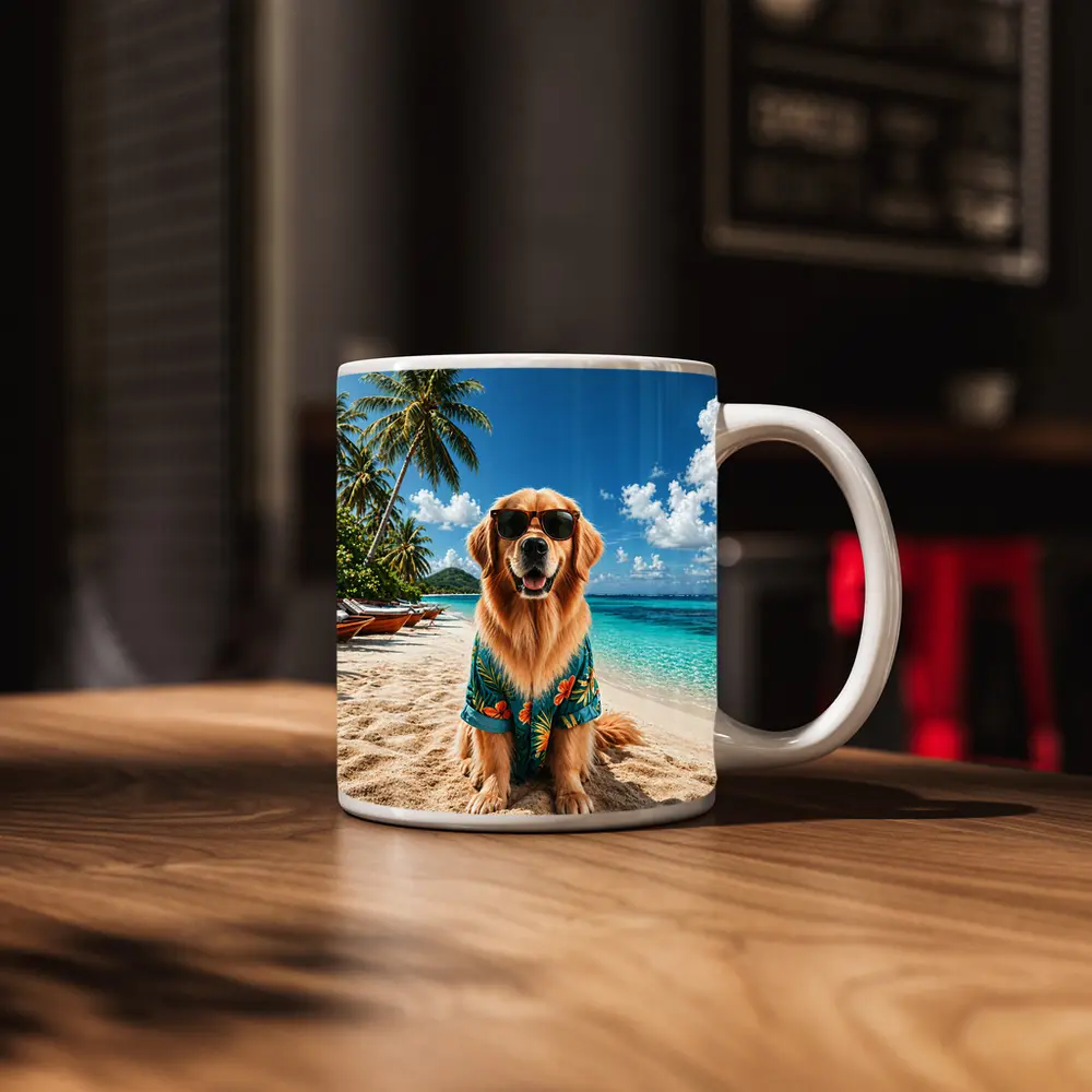 Golden Retriever Sunglasses Hawaiian Shirt Tropical Beach – Mugs