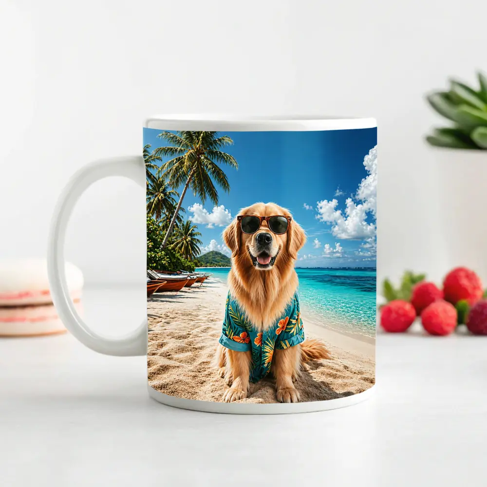 Golden Retriever Sunglasses Hawaiian Shirt Tropical Beach – Mugs