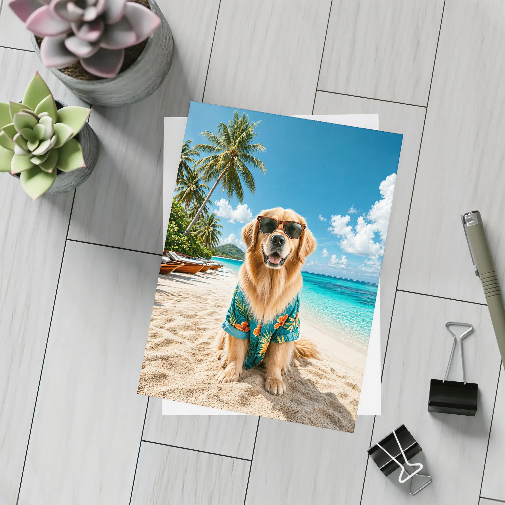 Golden Retriever Sunglasses Hawaiian Shirt Tropical Beach – Postcards