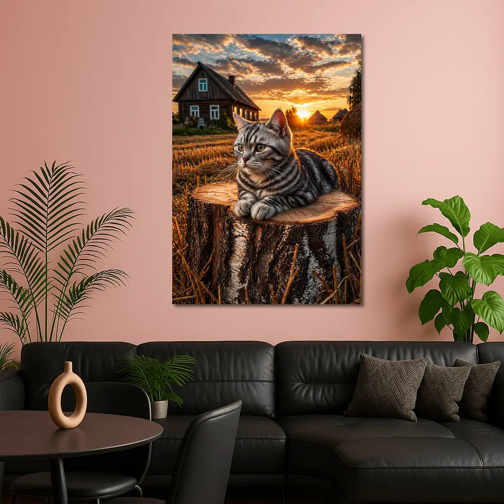 American Shorthair Cat Rural Sunset Field – Wall Art