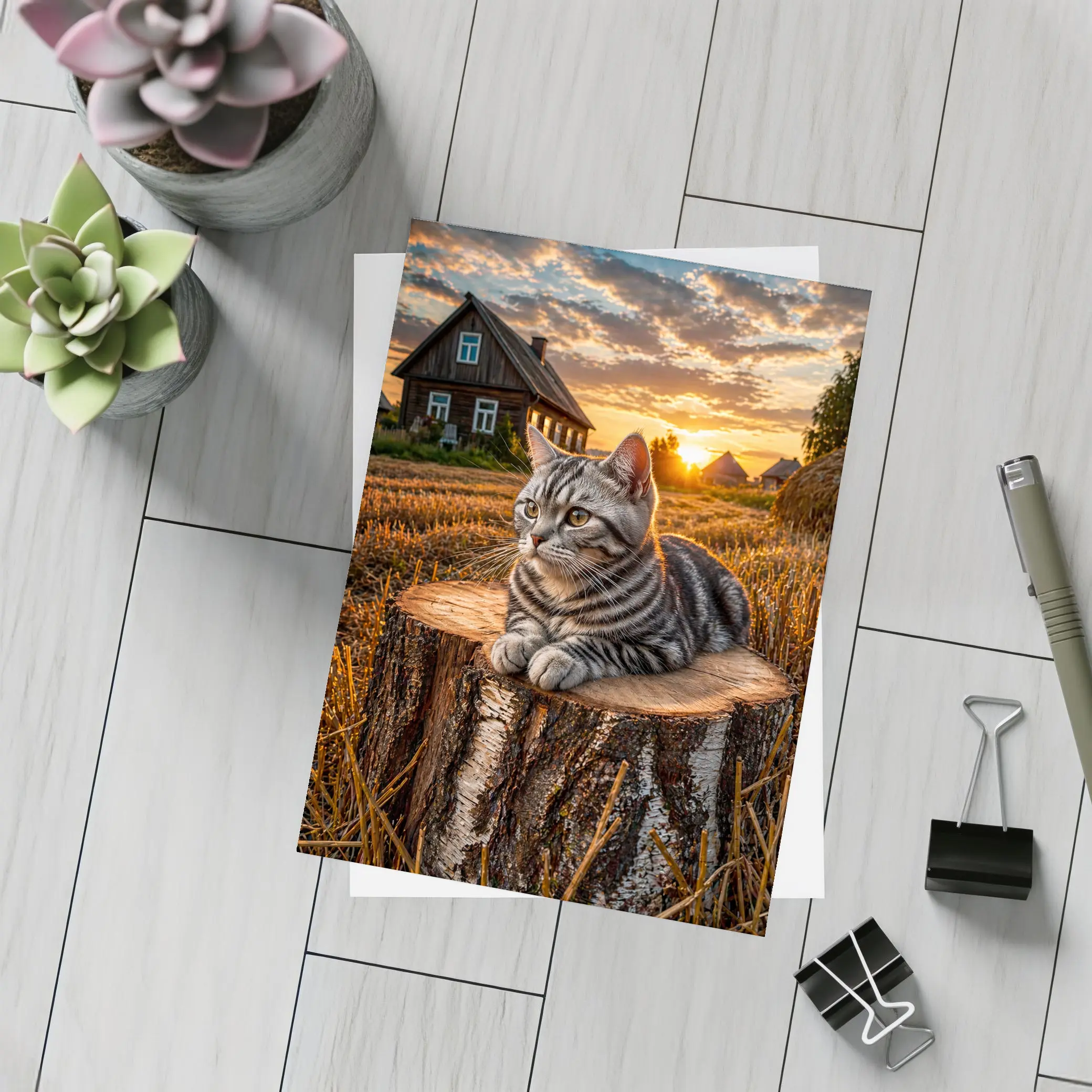 American Shorthair Cat Rural Sunset Field – Postcards