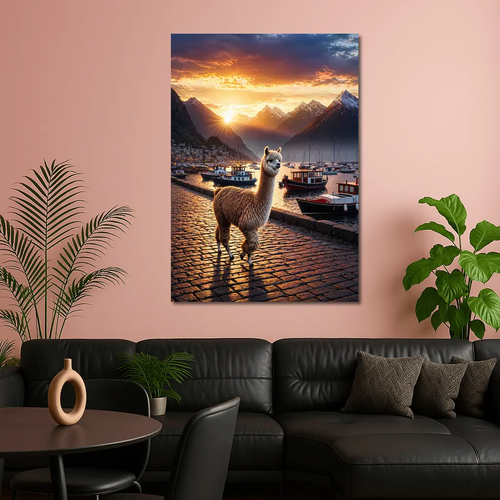 Alpaca Standing at Sunset Harbor Mountains – Wall Art