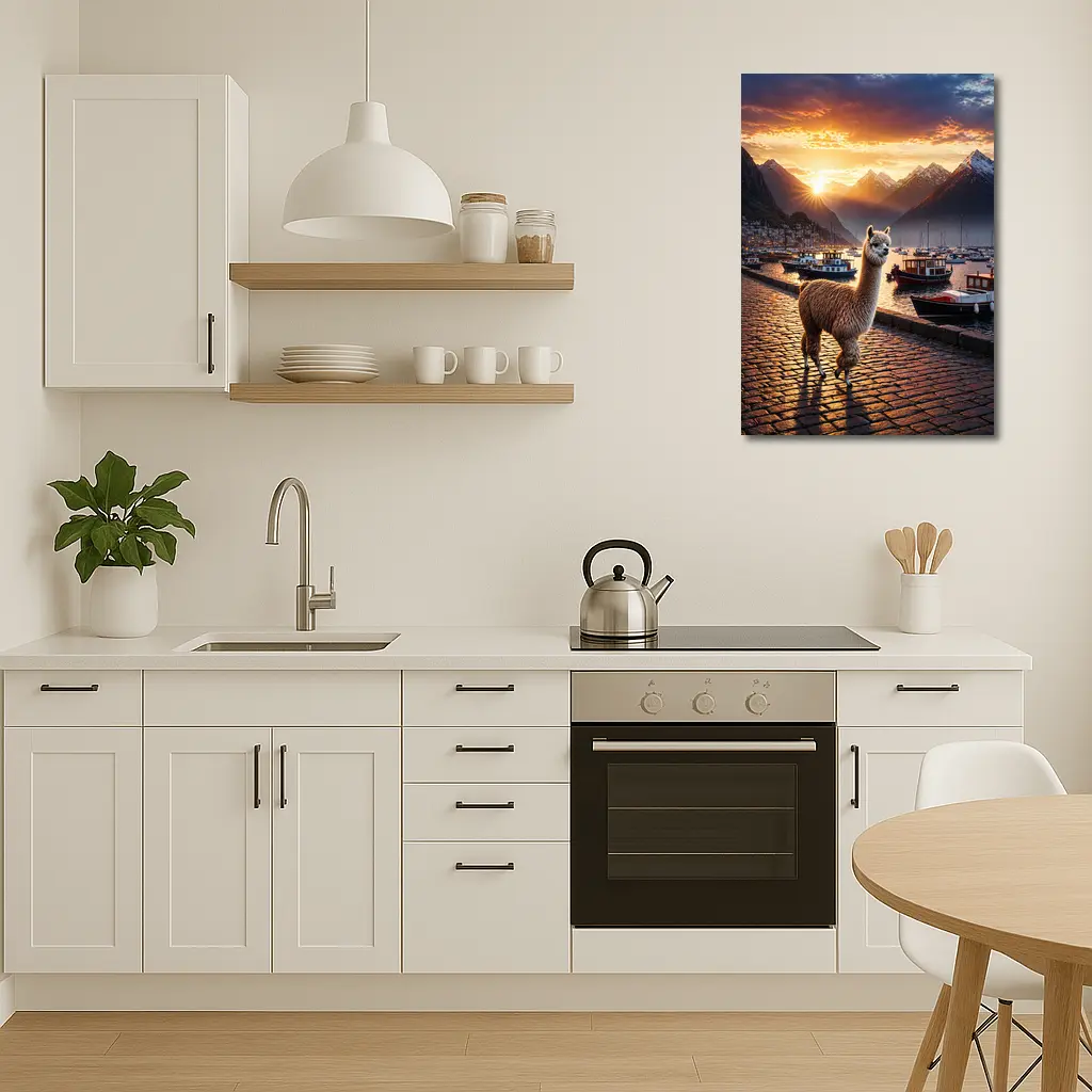 Alpaca Standing at Sunset Harbor Mountains – Wall Art