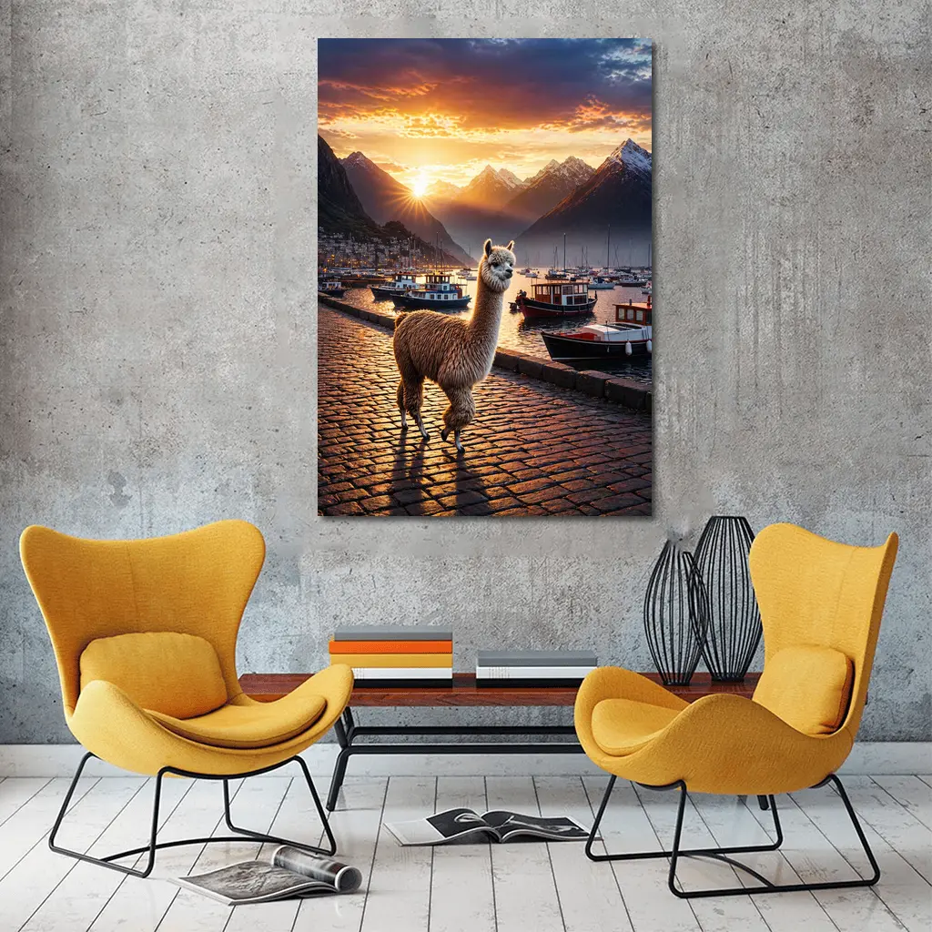 Alpaca Standing at Sunset Harbor Mountains – Wall Art