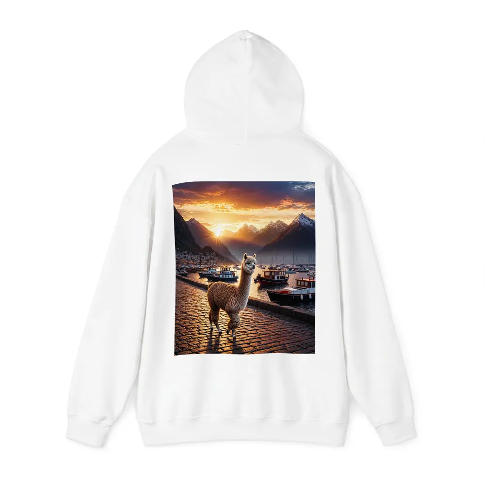 Alpaca Standing at Sunset Harbor Mountains – Hoodies