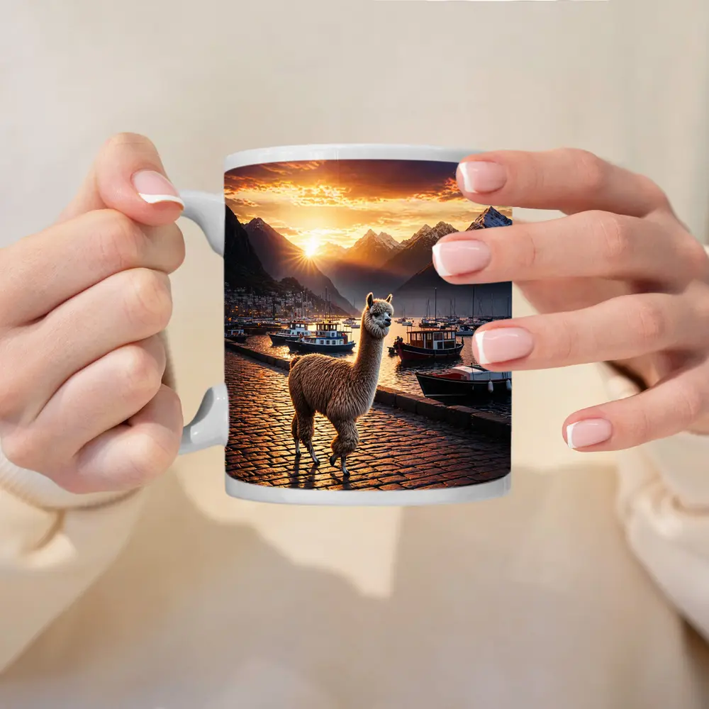 Alpaca Standing at Sunset Harbor Mountains – Mugs