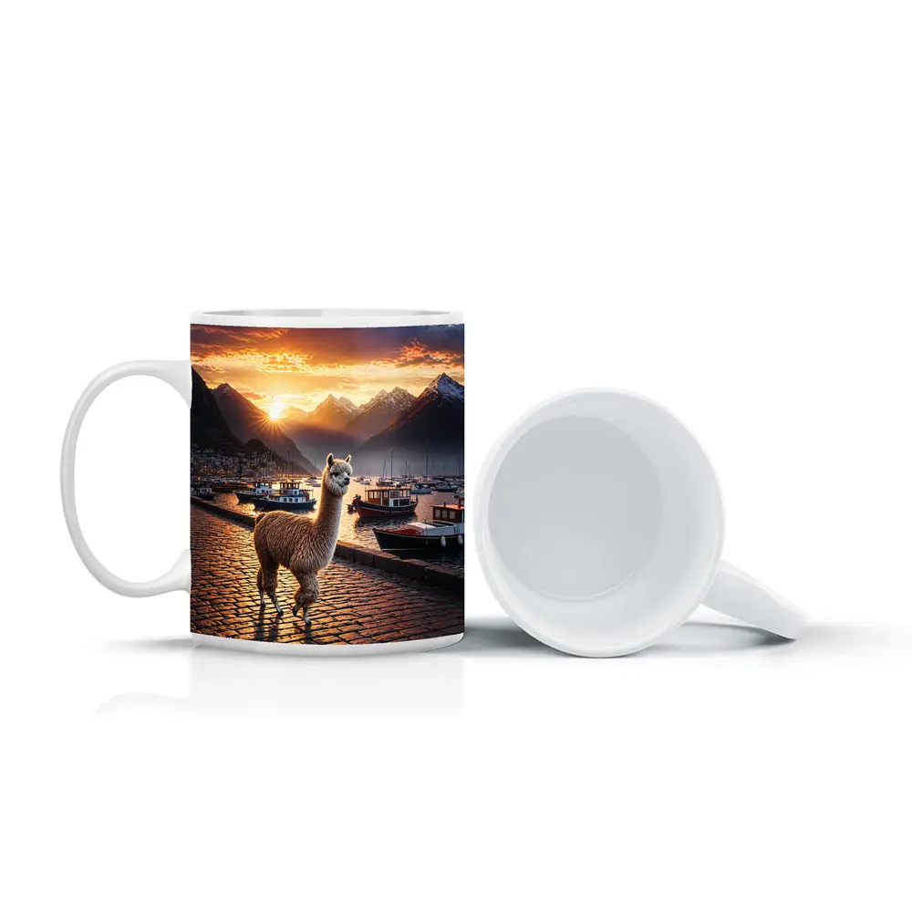 Alpaca Standing at Sunset Harbor Mountains – Mugs