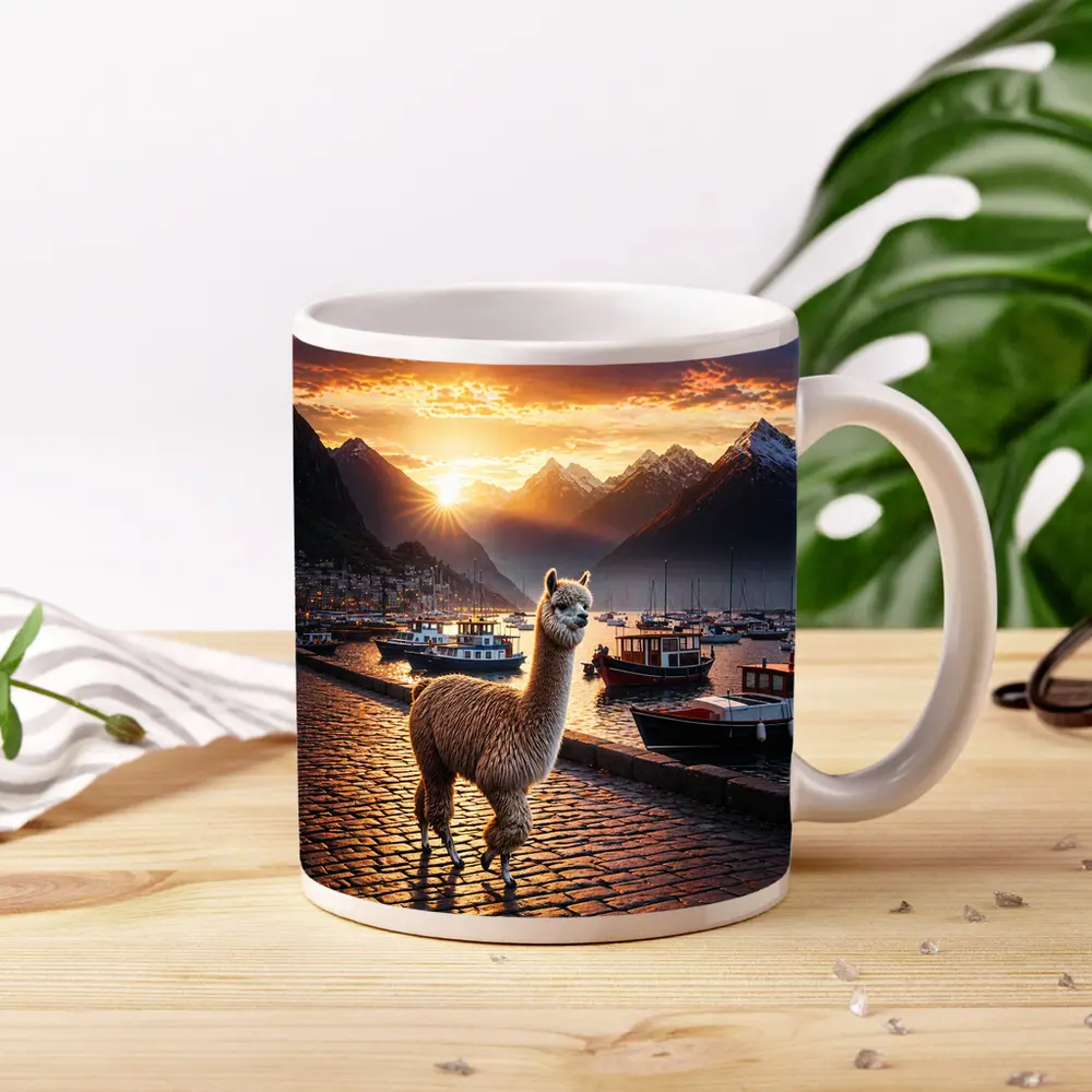 Alpaca Standing at Sunset Harbor Mountains – Mugs