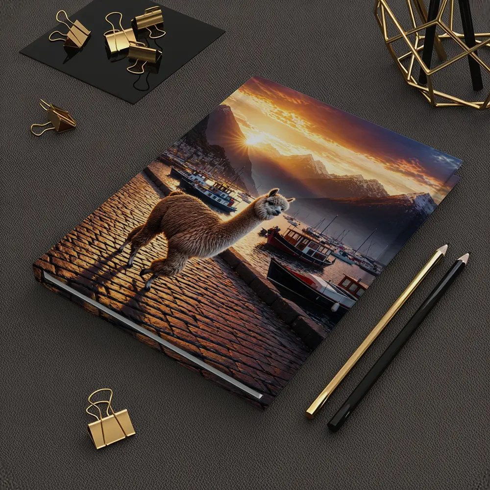 Alpaca Standing at Sunset Harbor Mountains – Notebooks