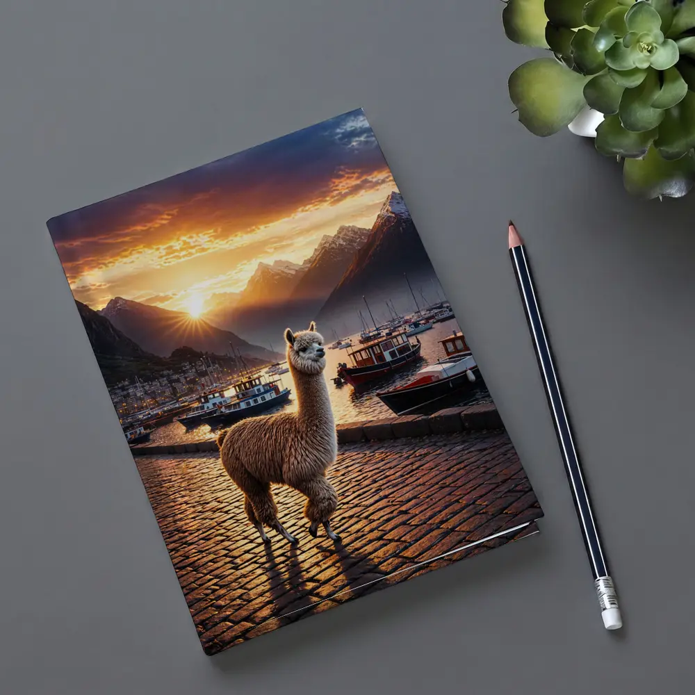 Alpaca Standing at Sunset Harbor Mountains – Notebooks