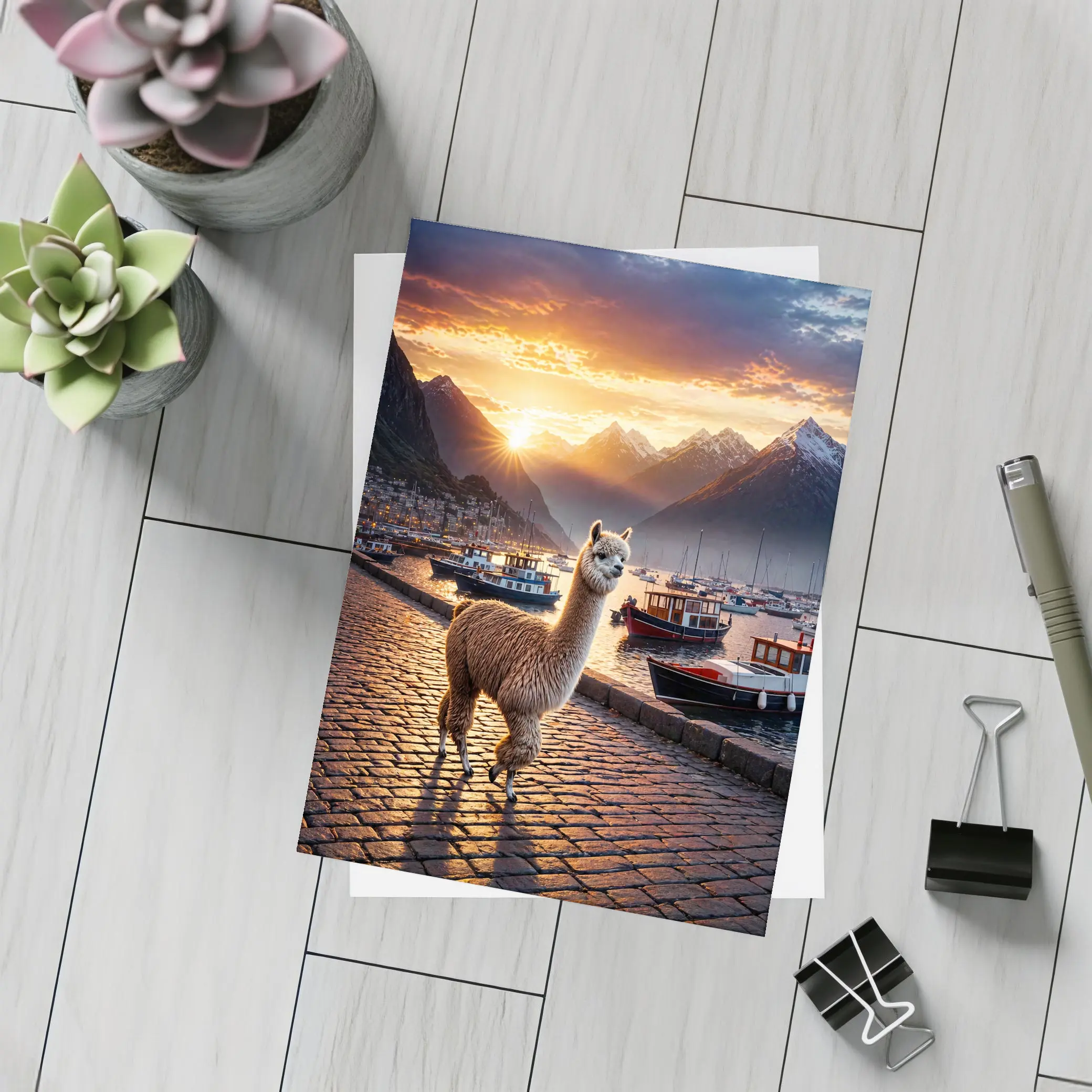 Alpaca Standing at Sunset Harbor Mountains – Postcards