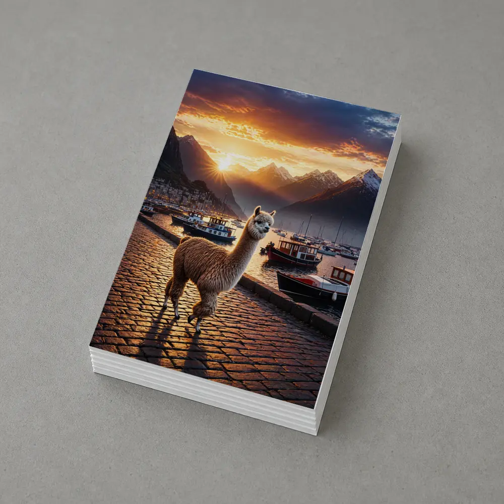 Alpaca Standing at Sunset Harbor Mountains – Postcards