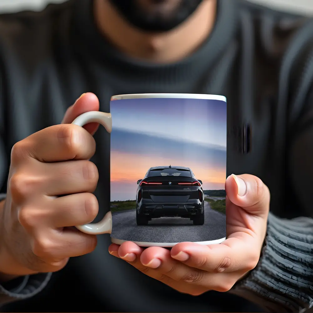BMW X6M Rear View Sunset Road – Mugs