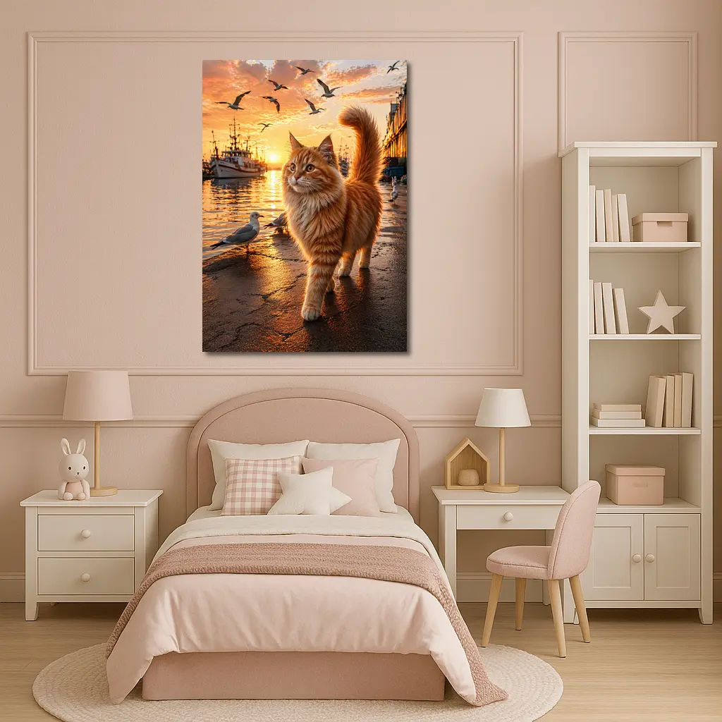 Fluffy Orange Cat Harbor Sunset Seagulls – Wall Art