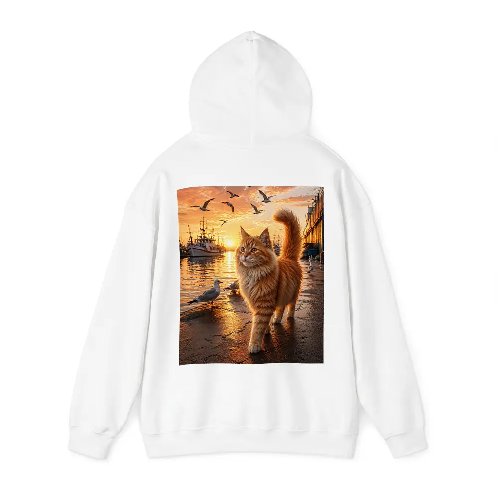 Fluffy Orange Cat Harbor Sunset Seagulls – Hoodies