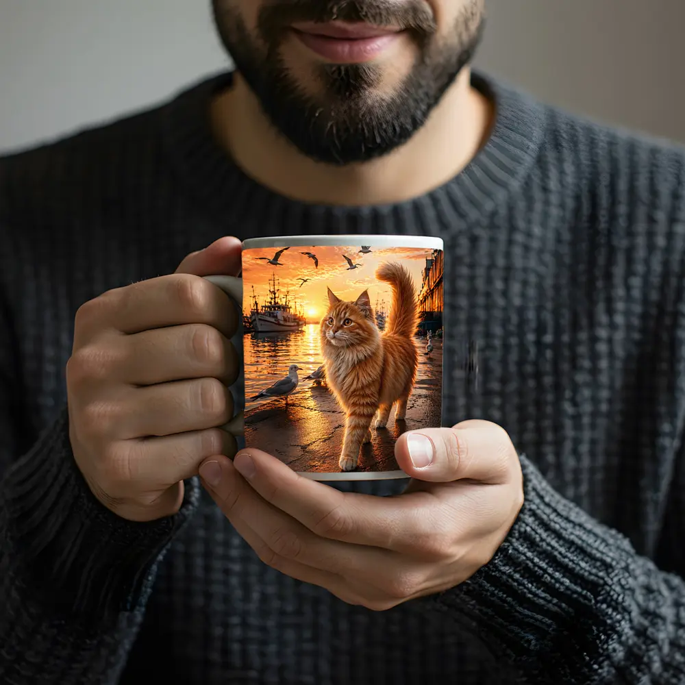 Fluffy Orange Cat Harbor Sunset Seagulls – Mugs