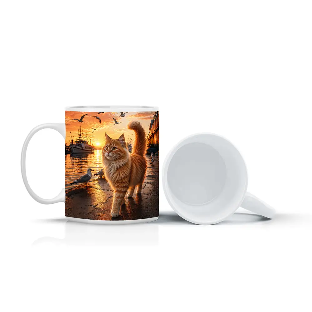 Fluffy Orange Cat Harbor Sunset Seagulls – Mugs