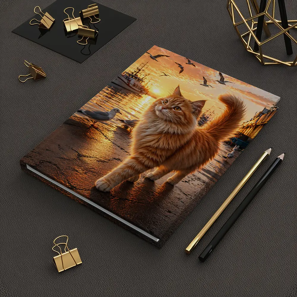 Fluffy Orange Cat Harbor Sunset Seagulls – Notebooks