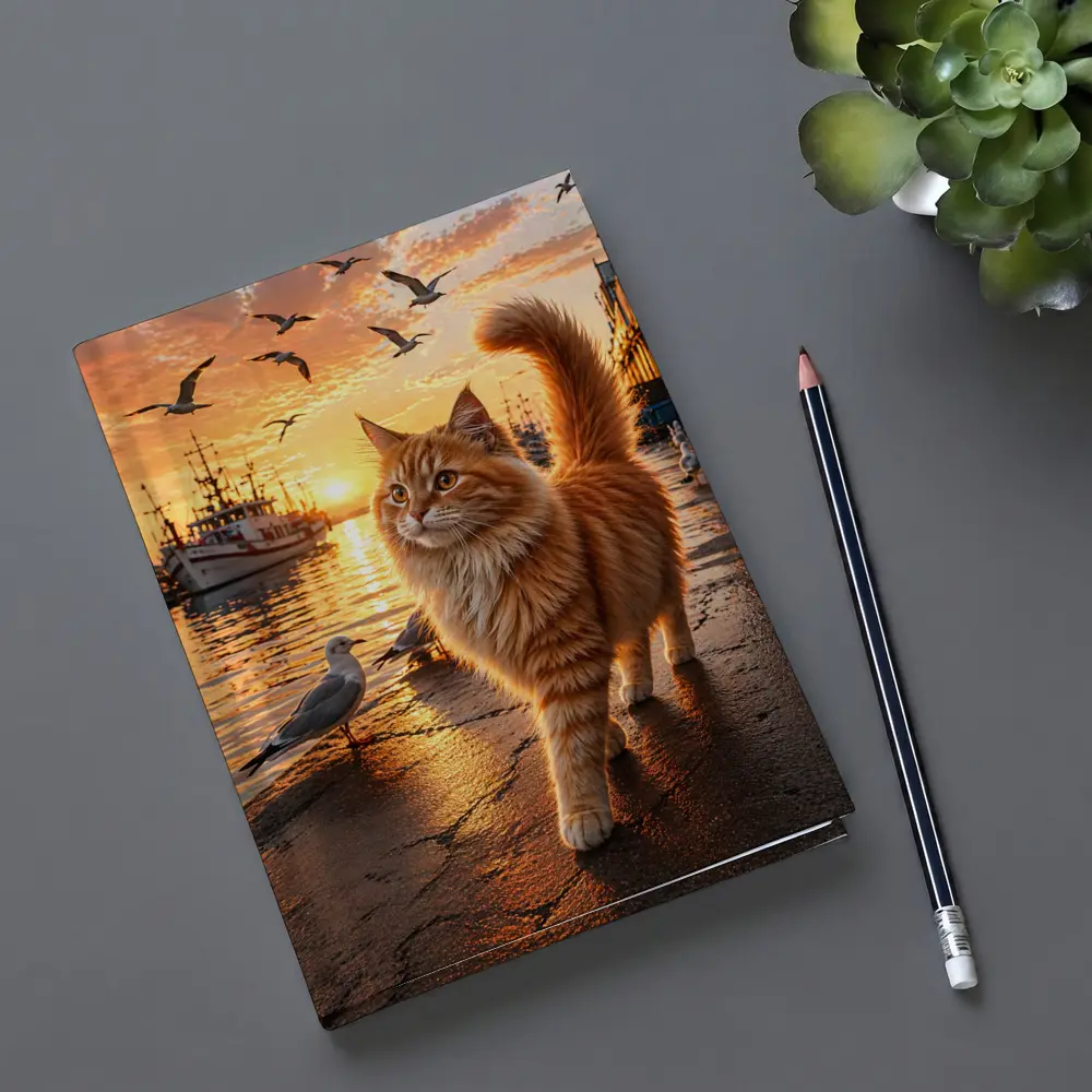 Fluffy Orange Cat Harbor Sunset Seagulls – Notebooks