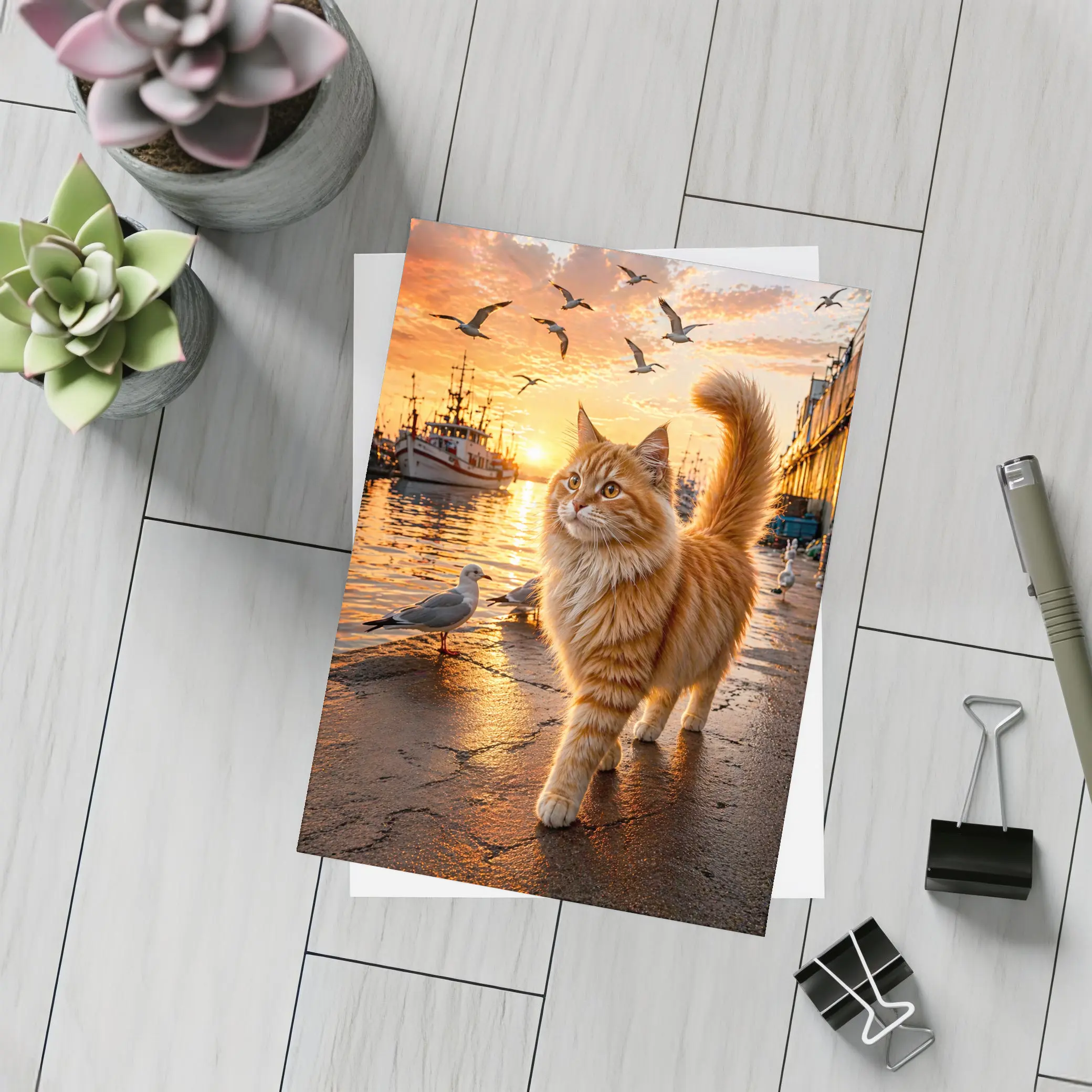 Fluffy Orange Cat Harbor Sunset Seagulls – Postcards