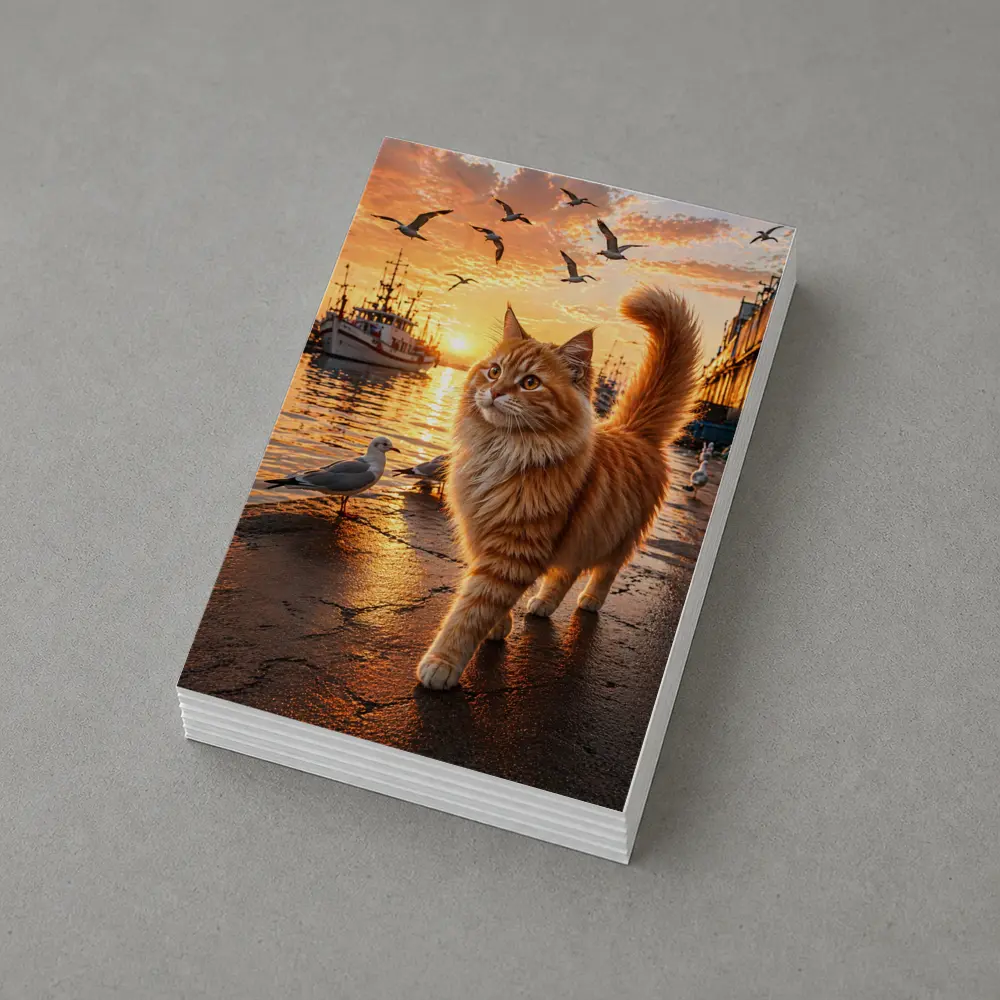 Fluffy Orange Cat Harbor Sunset Seagulls – Postcards