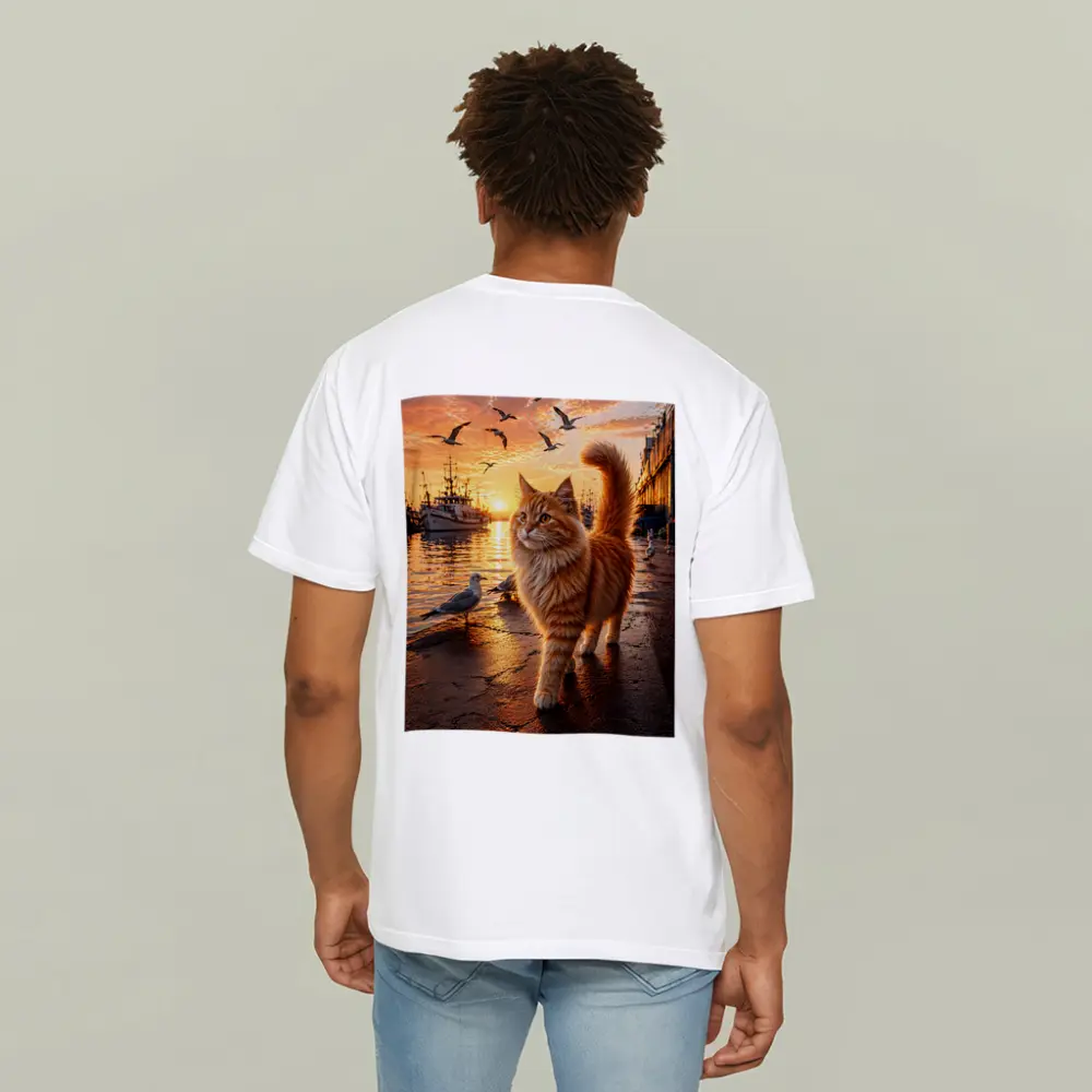 Fluffy Orange Cat Harbor Sunset Seagulls – T-Shirts