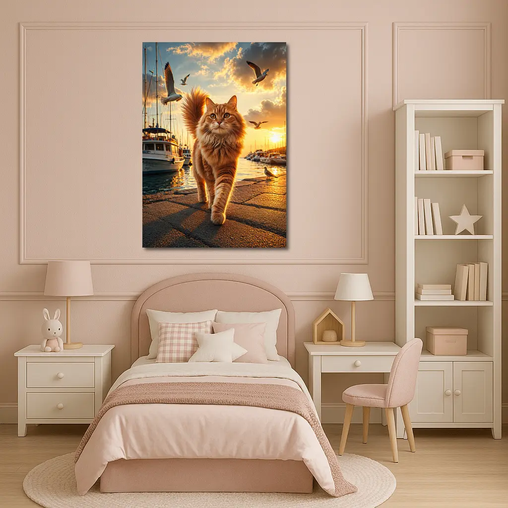 Orange Cat Walking Marina at Golden Sunset – Wall Art