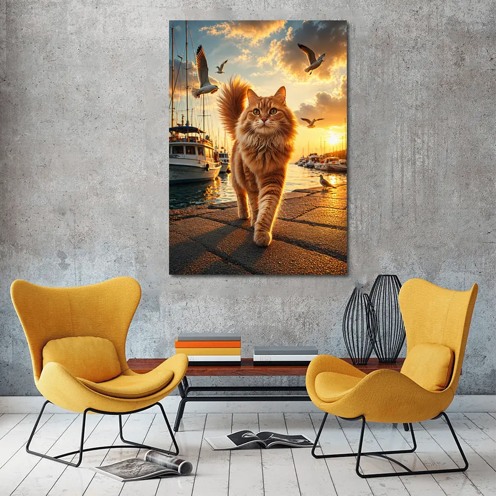 Orange Cat Walking Marina at Golden Sunset – Wall Art