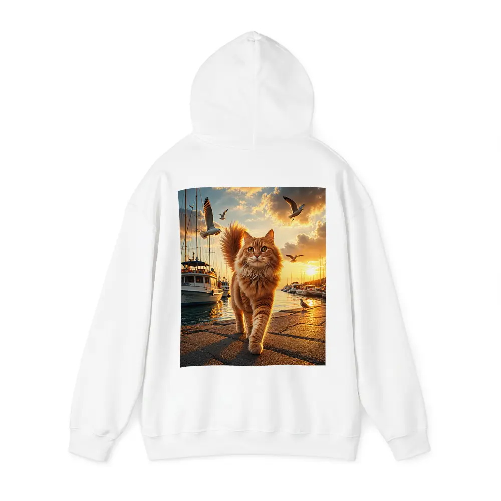 Orange Cat Walking Marina at Golden Sunset – Hoodies