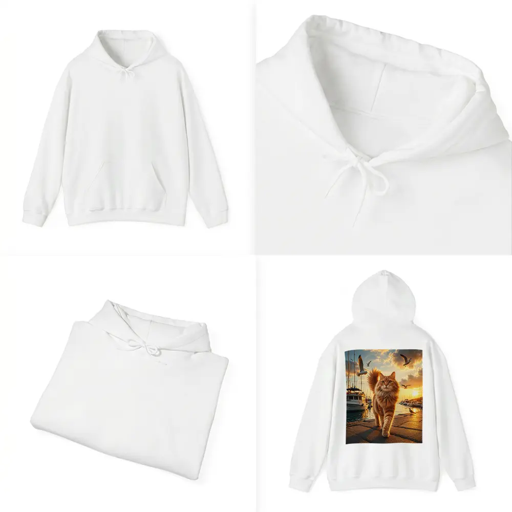 Orange Cat Walking Marina at Golden Sunset – Hoodies